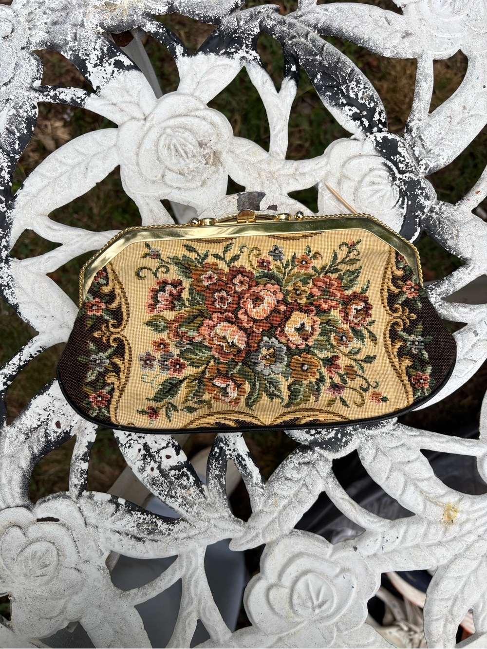 Vintage Floral Tapestry Clutch Bag in Beige and Brown-1950s or 1960s